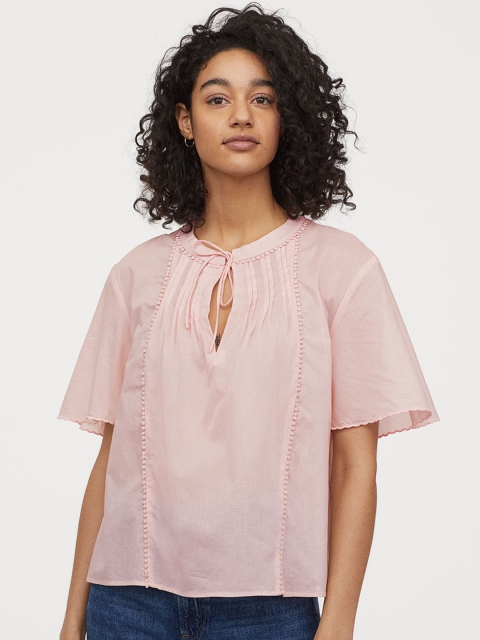 

H&M Women Pink Pin-Tuck Pure Cotton Blouse