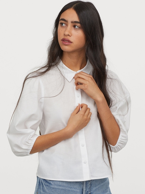 

H&M Women White Solid Puff-Sleeved Cotton Blouse