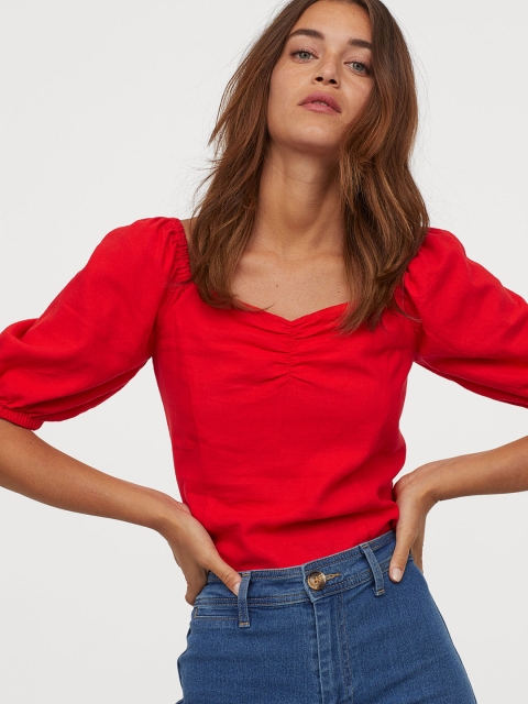 

H&M Women Orange Puff-Sleeved Blouse