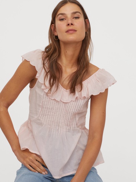

H&M Women Pink Solid Flounce-Trimmed Cotton Top