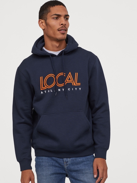 

H&M Men Navy Blue Printed Hooded Top