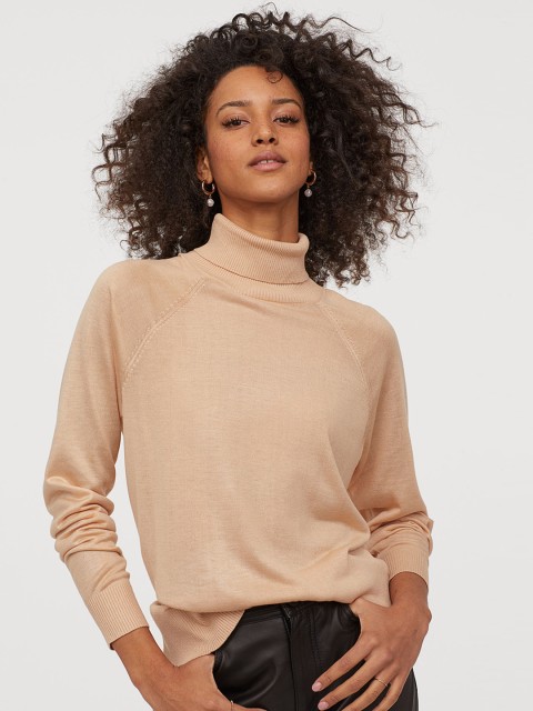 

H&M Women Beige Fine-Knit Polo-Neck Jumper