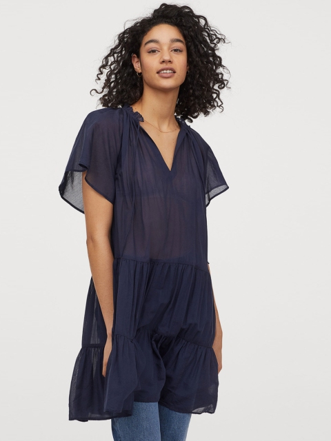 

H&M Women Blue Solid Cotton-Blend Tunic