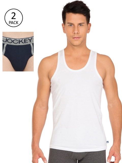 

Jockey Men White & Navy Blue Solid Innerwear Vest With Briefs