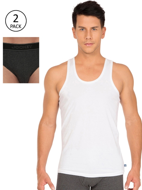 

Jockey Men White & Charcoal Grey Solid Innerwear Vest With Briefs