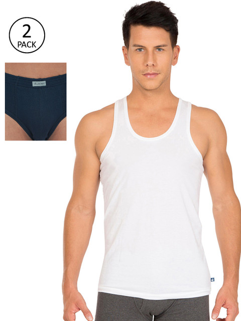 

Jockey Men White & Navy Blue Solid Innerwear Vest With Briefs