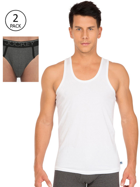

Jockey Men Solid Innerwear Vest With Briefs, White