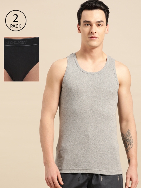 

Jockey Men Grey Melange & Black Innerwear Vest With Briefs