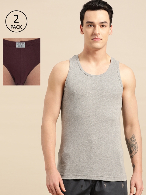 

Jockey Men Grey Melange & Burgundy Innerwear Vest With Briefs