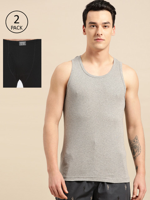 

Jockey Men Grey Melange & Black Solid Innerwear Vest With Trunks