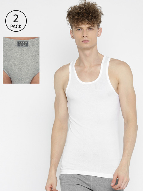 

Jockey Men White & Grey Melange Solid Innerwear Vest With Briefs
