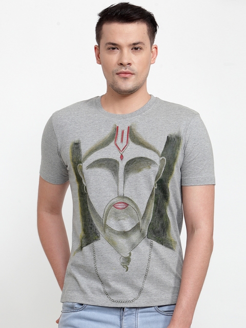 

RANGRAGE Men Grey Melange & Green Printed Round Neck T-shirt