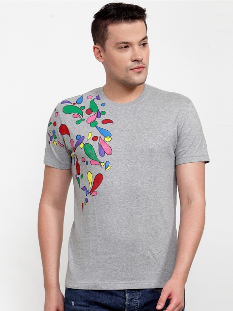 

RANGRAGE Men Grey Printed Round Neck Pure Cotton T-shirt