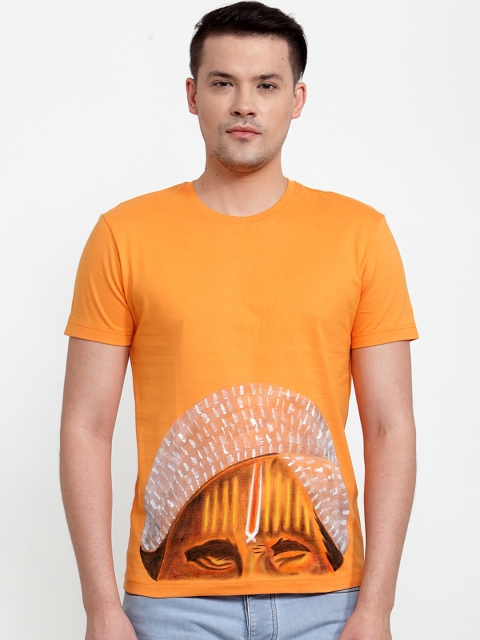 

RANGRAGE Men Orange Printed Round Neck Pure Cotton T-shirt