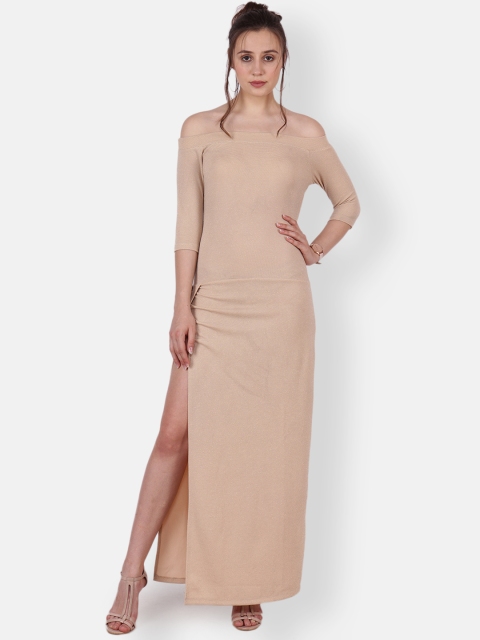 

SCORPIUS Women Beige Solid Off- Shoulder Maxi Dress