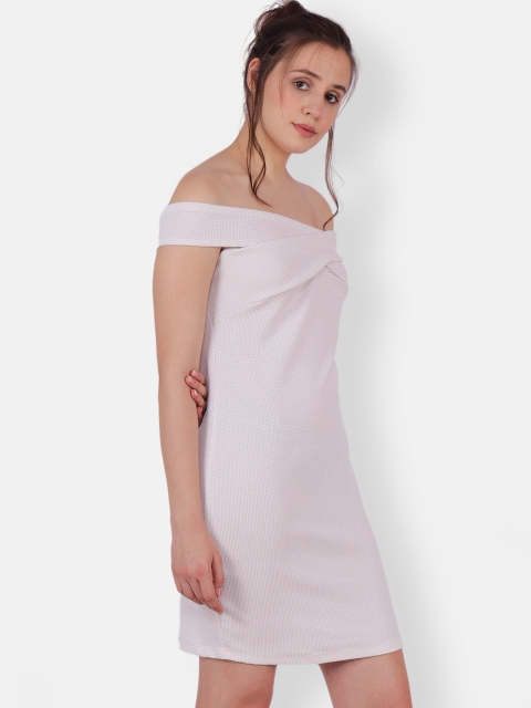 

SCORPIUS Women White Solid Off Shoulder Sheath Dress