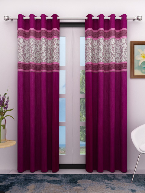 

Athom Trendz Magenta & Off-White Set of 2 Floral Room Spark Darkening Door Curtains