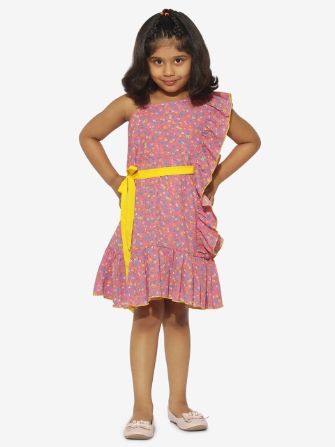 

Stylo Bug Girls Pink & Blue Printed Ruffled Shift Dress