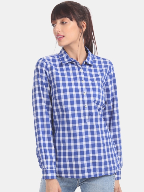 

GAP Women Blue Yarn Dyed Check Boyfriend Shirt