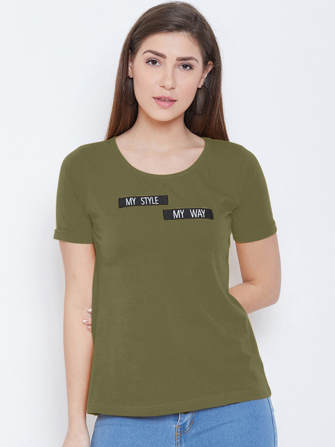 

CHROME & CORAL Women Olive Green Printed Round Neck T-shirt