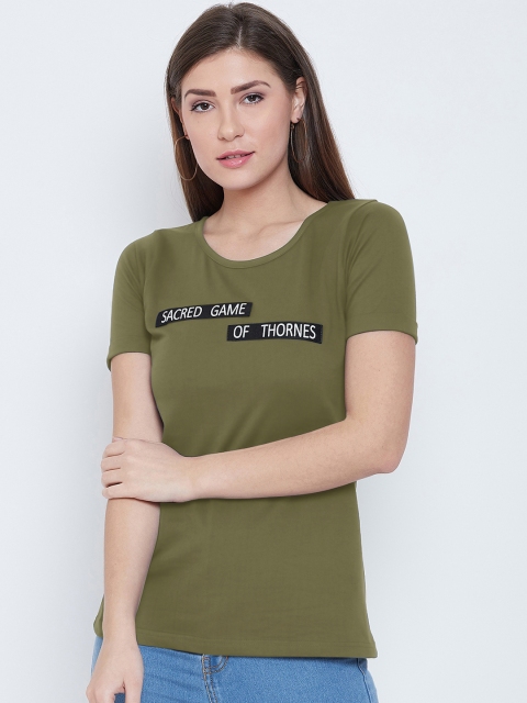 

CHROME & CORAL Women Olive Green Printed Round Neck T-shirt