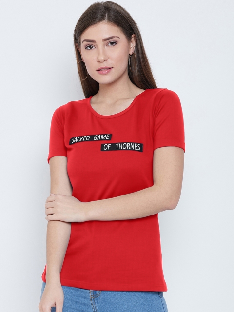 

CHROME & CORAL Women Red Printed Round Neck T-shirt