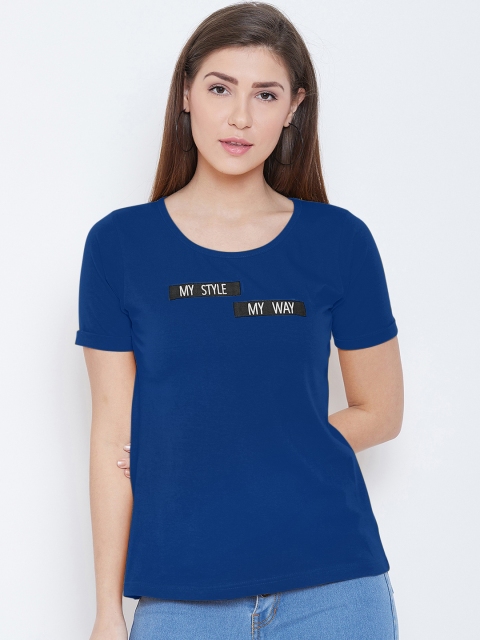 

CHROME & CORAL Women Navy Blue Printed Round Neck T-shirt