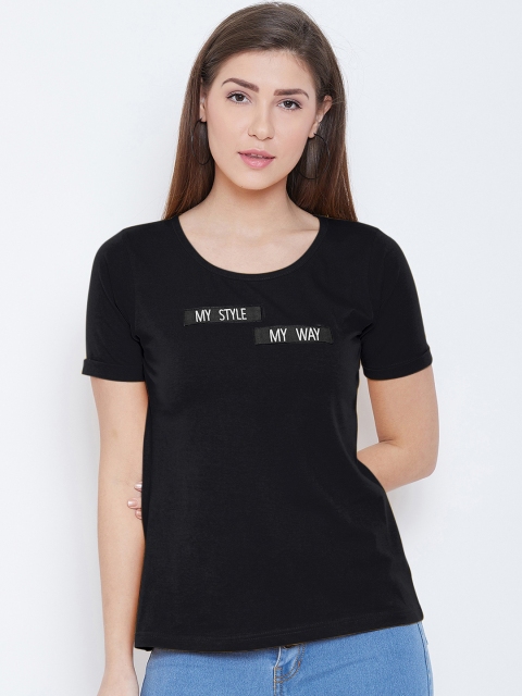 

CHROME & CORAL Women Black Printed Round Neck T-shirt