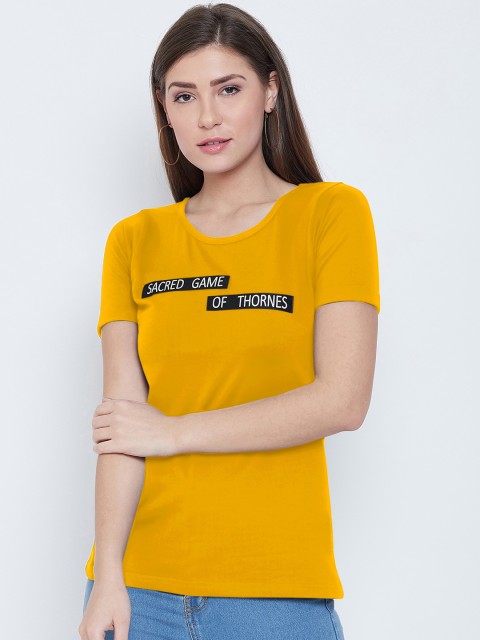 

CHROME & CORAL Women Mustard Yellow Printed Round Neck T-shirt