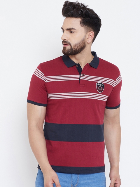 

Austin wood Men Maroon & Navy Blue Colourblocked Polo Collar T-shirt