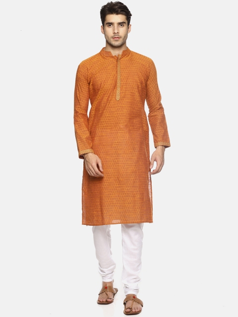 

PAROKSH Men Mustard Brown & Gold-Toned Woven Design Straight Kurta