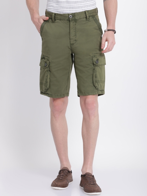 

t-base Men Olive Green Solid Regular Fit Cargo Shorts