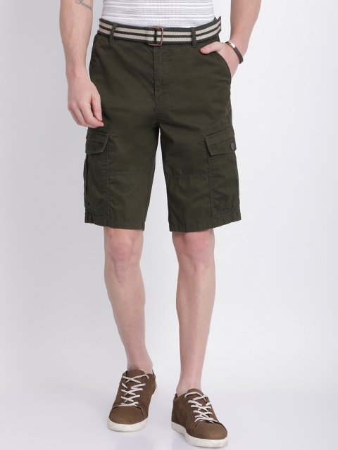 

t-base Men Olive Green Solid Regular Fit Cargo Shorts