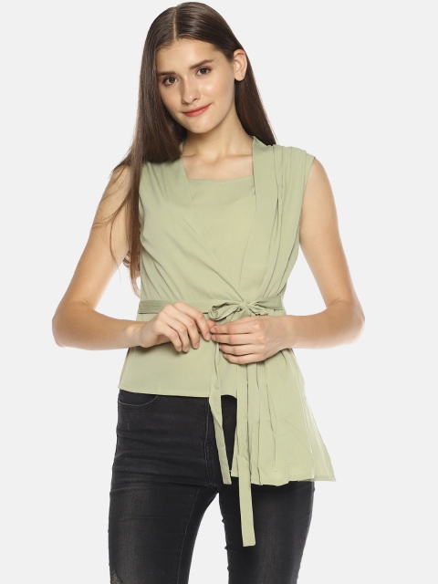 

SAHORA Women Lime Green Solid Waist Tie-Up Top