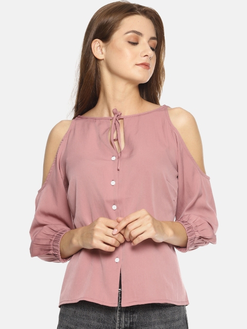 

SAHORA Women Mauve Solid Cold Shoulder Top