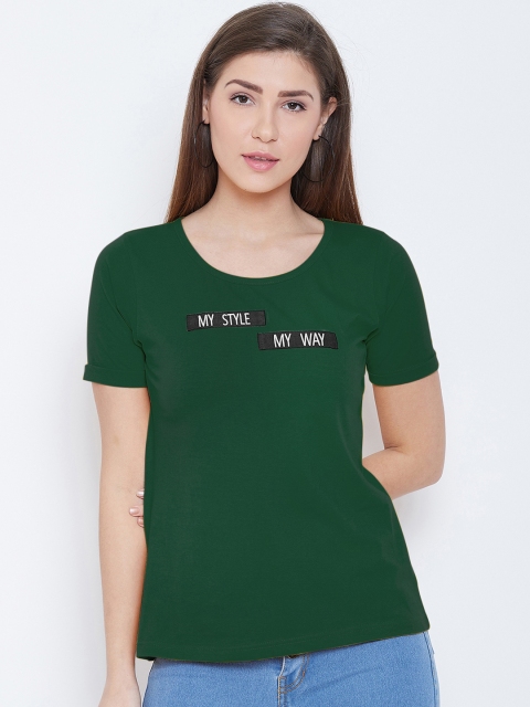 

CHROME & CORAL Women Green Round Neck T-shirt With Applique Detail