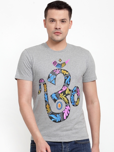 

RANGRAGE Men Grey Mystic Aum Printed Round Neck Pure Cotton T-shirt
