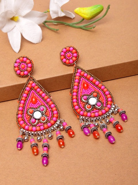 

Moedbuille Pink & Orange Handcrafted Mirror Work Teardrop Shaped Drop Earrings