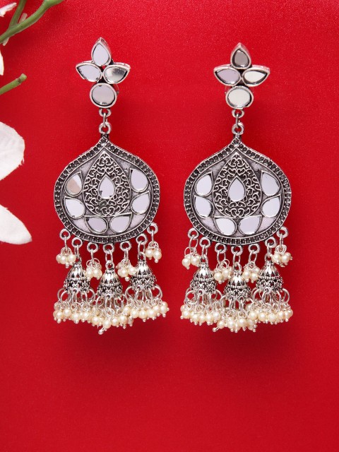 

Moedbuille Silver-Toned Brass-Plated Handcrafted Mirror Studded Drop Earrings