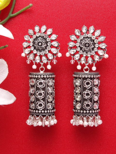 

Moedbuille Silver Plated Dome Shaped Antique Oxidised Handcrafted Jhumkas