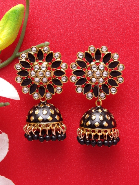 

Moedbuille Black & Gold-Toned Dome Shaped Handcrafted Jhumkas