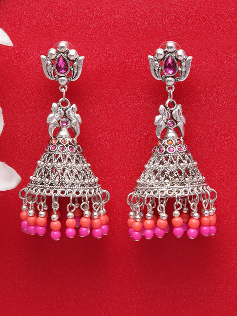 

Moedbuille Pink & Orange Dome Shaped Handcrafted Oxidised Temple Jhumkas