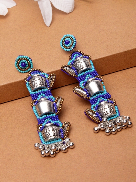 

Moedbuille Blue & Silver-Toned Brass-Plated Quirky Drop Earrings