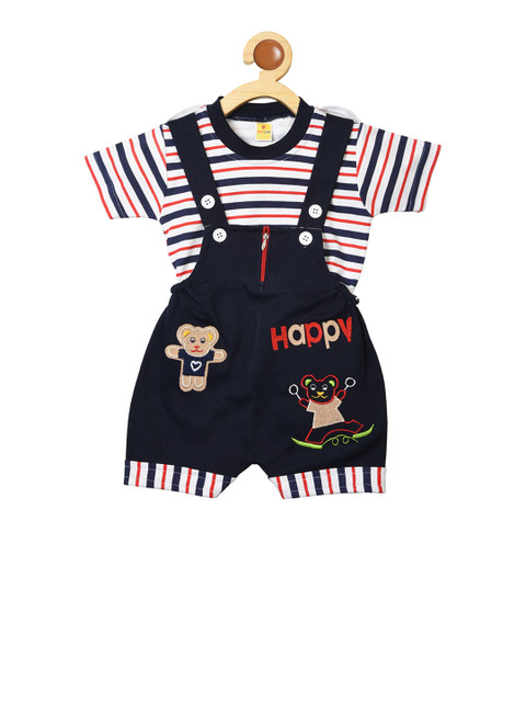 

BORN WEAR Boys Navy Blue & White Colourblocked T-shirt with Dungarees