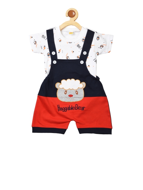 

BORN WEAR Boys White & Navy Blue Printed T-shirt with Dungarees