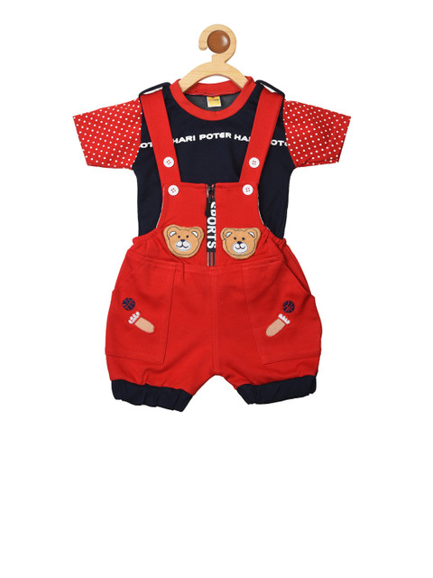 

BORN WEAR Boys Navy Blue & Red Dungarees with T-Shirt