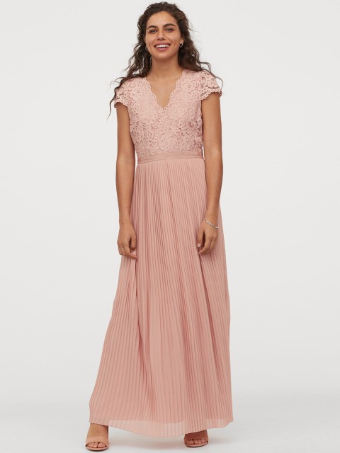 

H&M Women Peach-Coloured Pleated Long Dress