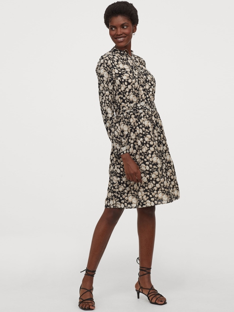 

H&M Women Black & Beige Printed Dress With Tie-Ups