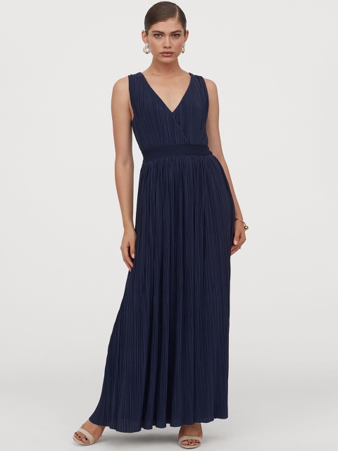 

H&M Women Navy Blue Pleated Long Dress