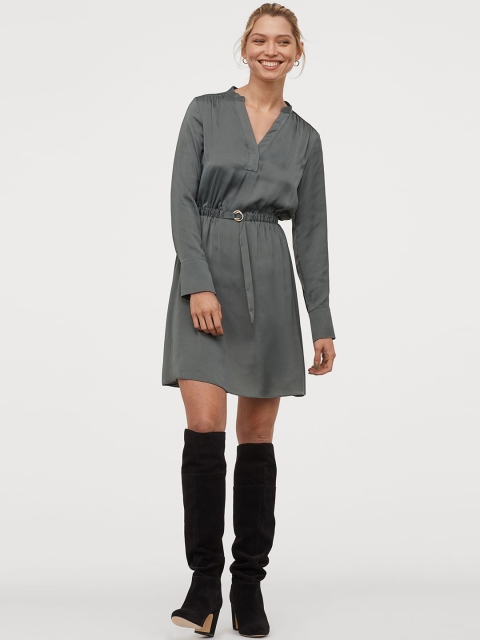 

H&M Women Olive Green Solid V-Neck Shirt Dress